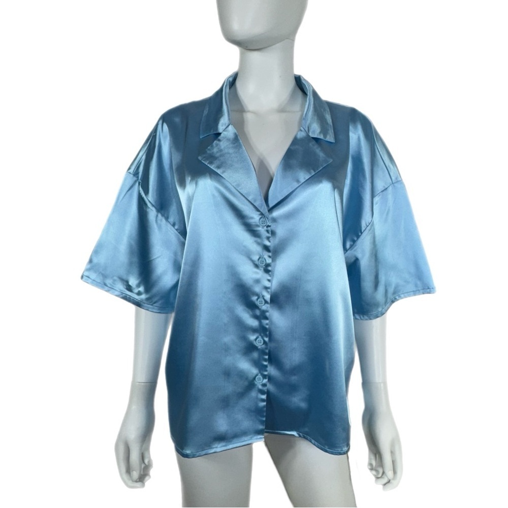 Forever 21+ Satiny Light Blue Short Sleeve Button Down Blouse